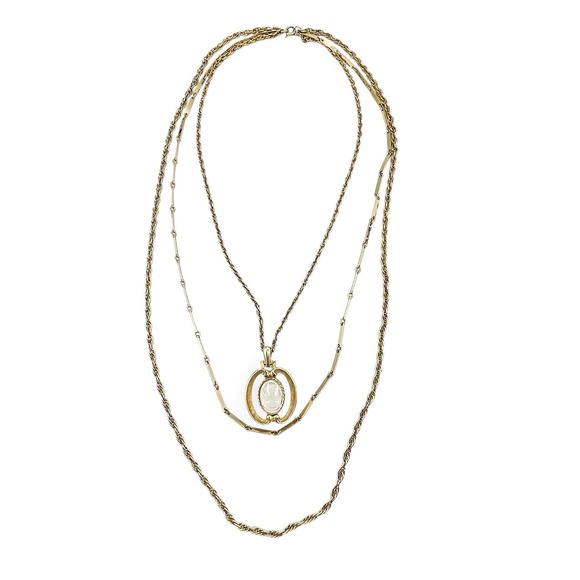 Vintage HMS BJ Cameo Necklace Gold Triple Strand Reverse Glass Chain Bar 20" - Picture 2 of 8